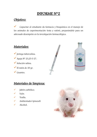 INFORME N°2<br />Objetivo: <br />Capacitar al estudiante da farmacia y bioquímica en el manejo de los animales de experimentación (rata y ratón), preparándolo para un adecuado desempeño en la investigación farmacológica.<br />27184354749804595495328930<br />Materiales:<br />Jeringa tuberculina.<br />Aguja Nº 23,25 0 27. <br />Solución salina.<br />El ratón de 30 gr.<br />Guantes. <br />30714955817870<br />Materiales de limpieza:<br />Jabón carbólico.<br />Lejía.<br />Toalla. <br />Ambientador (pinesol)<br />Alcohol.<br />MANIPULACION Y ADMINISTRACION DE FARMACOS POR: <br />VIA SUBCUTANEA<br />Se contiene al animal agarrándolo de la piel del cuello como se muestra en la figura. En pliegue formado se introduce la aguja de 25g o mas pequeña la cual es posicionada en plano horizontal y se empuja todo el largo. Puede inyectarse por el lado posterior para evitar exponerse a la boca del animal. El máximo volumen a administrar es 1ml. La zona es mejor irrigada, se utiliza para obtener efectos prolongados. <br />VIA INTRAGASTRICA<br />Uno de los procedimientos más comunes para efectuar esta administración requiere de la penetración de dos personas. Una de ellas (la que va administrar)debe de tomar al ratón como se indico anteriormente y colocarlo verticalmente con la cabeza hacia arriba bien sujeta y lo mas recto posible. La segunda sujeta la cola jalando hacia abajo para que el animal no se mueva, luego la persona que sujeta al animal deberá introducir la punta de la cánula en el hocico y empujar suavemente, buscando que se introduzca en el esófago.<br />Se agarra firmemente la piel del dorso y el cuello, la cabeza automáticamente es estirada y la boca se abre, para colocar la cánula.<br />Si se presenta resistencia  puede estar ocurriendo que la cánula esta en la tráquea o que la punta de la misma este perforando el esófago, en cuyo caso se observara cianosis en la piel y tegumentos. En estos casos, se recomienda retirarla ligeramente y rotarla. La correcta ubicación en el esófago se identificara por un deslizamiento suave y una penetración de dos a tres centímetros. La cánula es del tamaño de una aguja nº18, y el volumen máximo a administrar es de 1ml.<br />Administración de fármacos por vía gástrica<br />