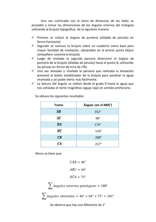 Una vez culminado con la toma de distancias de los lados se
procedió a tomar las dimensiones de los ángulos internos del triángulo
utilizando la brújula topográfica, de la siguiente manera:
 Primero se colocó el órgano de puntería (alidada de pínulas) en
forma horizontal.
 Segundo se sostuvo la brújula sobre un cuaderno como base para
mayor facilidad de nivelación, ubicándola en el primer punto (A)(un
compañero sostenía la brújula)
 Luego de nivelada la segunda persona direccionó el órgano de
puntería de la brújula (alidada de pínulas) hacia el punto B, utilizando
las pínulas en forma de mira de rifle.
 Una vez alineada y nivelada la persona que realizaba la alineación
presionó el botón estabilizador de la brújula para paralizar la aguja
imantada y así poder leerla más fácilmente.
 La lectura del ángulo se realizó desde el grado 0 hasta la aguja que
nos señalaba el norte magnético (aguja roja) en sentido antihorario.
Se obtuvo los siguientes resultados:
Tramo Ángulo con el NM(°)
𝑨𝑩̅̅̅̅ 352°
𝑨𝑪̅̅̅̅ 38°
𝑩𝑨̅̅̅̅ 174°
𝑩𝑪̅̅̅̅ 110°
𝑪𝑩̅̅̅̅ 288°
𝑪𝑨̅̅̅̅ 217°
Ahora se tiene que:
𝐶𝐴̂ 𝐵 = 46°
𝐴𝐵̂ 𝐶 = 64°
𝐵𝐶̂ 𝐴 = 71°
∑ á𝑛𝑔𝑢𝑙𝑜𝑠 𝑖𝑛𝑡𝑒𝑟𝑛𝑜𝑠 𝑝𝑒𝑛𝑡á𝑔𝑜𝑛𝑜 = 180°
∑á𝑛𝑔𝑢𝑙𝑜𝑠 𝑜𝑏𝑡𝑒𝑛𝑖𝑑𝑜𝑠 = 46° + 64° + 71° = 181°
Se observa que hay una diferencia de 1°
 