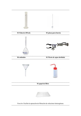 01 Fiola de 250 mL 01 pinza para bureta
04 embudos 01 Piceta de agua destilada
01 papel de filtro
Función: Facilita la operación de filtración de soluciones heterogéneas.
 