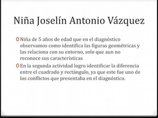 Niña Joselín Antonio Vázquez
0 Niña de 5 años de edad que en el diagnóstico
observamos como identifica las figuras geométricas y
las relaciona con su entorno, solo que aun no
reconoce sus características
0 En la segunda actividad logro identificar la diferencia
entre el cuadrado y rectángulo, ya que este fue uno de
los conflictos que presentaba en el diagnóstico.
 