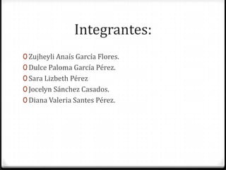 Integrantes:
0 Zujheyli Anaís García Flores.
0 Dulce Paloma García Pérez.
0 Sara Lizbeth Pérez
0 Jocelyn Sánchez Casados.
0 Diana Valeria Santes Pérez.
 