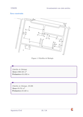 UNSCH Levantamiento con cinta metrica
Área construida
C
D
E
A
B
8
4544
43 42
41
40
39
38
37
36
35
34
33
32
31 30
29
28
27 26
25 24
23
22
21
20
1918
17
16
15
14
13
12
11
10
9
3 4
65
7
1
2
PRODUCEDBYANAUTODESKEDUCATIONALPRODUCT
PRODUCEDBYANAUTODESKEDUCATIONALPRODUCT
PRODUCEDBYANAUTODESKEDUCATIONALPRODUCT
PRODUCED BY AN AUTODESK EDUCATIONAL PRODUCT
Figura 1: Pabellón de Biología
Pabellón de Biología
Área=1968.168 m2
Perímetro=314.393 m
Pabellón de Biología- SS.HH.
Área=70.755 m2
Perímetro=35.420 m
Ingenieria Civil 23 / 28
 