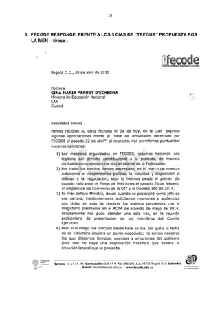10
5. FECODE RESPONDE, FRENTE A LOS 5 DIAS DE “TREGUA” PROPUESTA POR
LA MEN – tirosa-.
 