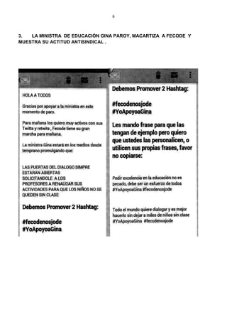 6
3. LA MINISTRA DE EDUCACIÓN GINA PAROY, MACARTIZA A FECODE Y
MUESTRA SU ACTITUD ANTISINDICAL .
 