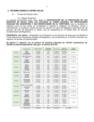 5
2. INFORME SOBRE EL FNPSM- SALUD.
2.1. Proceso de licitación salud
2.1.1 Objeto contractual:
La presente Convocatoria tiene como objeto la CONTRATACIÓN DE LA PRESTACIÓN DE LOS
SERVICIOS DE SALUD, PARA LOS AFILIADOS AL FONDO NACIONAL DE PRESTACIONES
SOCIALES DEL MAGISTERIO Y SUS BENEFICIARIOS EN EL TERRITORIO, bajo la modalidad de
capitación para los tres niveles de complejidad, e implicará la obligación de garantizar, directa e
indirectamente, la prestación integral del plan de atención en salud del Magisterio conformado por los
servicios del Plan de Beneficios en Salud, más los establecidos en el PACM (Plan de Atención
Complementaria del Magisterio).
PROPUESTA –Por definir-: Contratación de la Prestación de los Servicios de salud para los Afiliados al
Fondo Nacional de Prestaciones Sociales del Magisterio y sus beneficiarios en el Territorio Nacional, por
regiones, de acuerdo a la siguiente tabla:
Se plantea 11 regiones, con un número de docentes cotizantes de: 443.441, beneficiarios de:
393.895 y cotizante dependiente: 328, para un total de: 837.574.
 