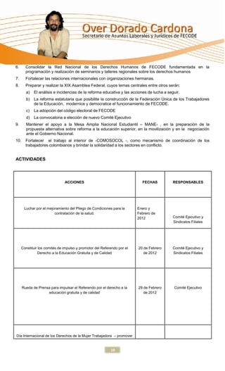 6.      Consolidar la Red Nacional de los Derechos Humanos de FECODE fundamentada en la
        programación y realización de seminarios y talleres regionales sobre los derechos humanos
7.      Fortalecer las relaciones internacionales con organizaciones hermanas.
8.      Preparar y realizar la XIX Asamblea Federal, cuyos temas centrales entre otros serán:
        a)   El análisis e incidencias de la reforma educativa y las acciones de lucha a seguir.
        b)   La reforma estatutaria que posibilite la construcción de la Federación Única de los Trabajadores
             de la Educación, modernice y democratice el funcionamiento de FECODE.
        c)   La adopción del código electoral de FECODE
        d)   La convocatoria a elección de nuevo Comité Ejecutivo
9.      Mantener el apoyo a la Mesa Amplia Nacional Estudiantil – MANE- , en la preparación de la
        propuesta alternativa sobre reforma a la educación superior, en la movilización y en la negociación
        ante el Gobierno Nacional.
10.     Fortalecer el trabajo al interior de -COMOSOCOL -, como mecanismo de coordinación de los
        trabajadores colombianos y brindar la solidaridad a los sectores en conflicto.


ACTIVIDADES




                               ACCIONES                                    FECHAS           RESPONSABLES




       Luchar por el mejoramiento del Pliego de Condiciones para la      Enero y
                         contratación de la salud.                       Febrero de
                                                                         2012               Comité Ejecutivo y
                                                                                            Sindicatos Filiales




     Constituir los comités de impulso y promotor del Referendo por el   20 de Febrero      Comité Ejecutivo y
                Derecho a la Educación Gratuita y de Calidad                de 2012         Sindicatos Filiales




      Rueda de Prensa para impulsar el Referendo por el derecho a la     29 de Febrero      Comité Ejecutivo
                    educación gratuita y de calidad                         de 2012




Día Internacional de los Derechos de la Mujer Trabajadora – promover


                                                           10
 