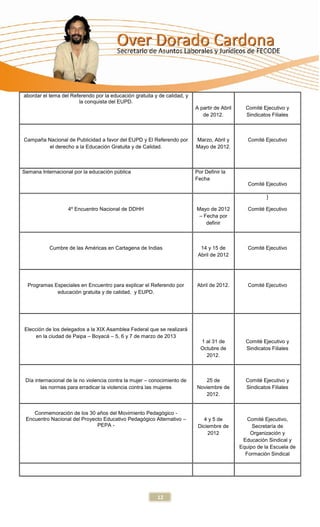 abordar el tema del Referendo por la educación gratuita y de calidad, y
                       la conquista del EUPD.
                                                                          A partir de Abril     Comité Ejecutivo y
                                                                             de 2012.           Sindicatos Filiales



Campaña Nacional de Publicidad a favor del EUPD y El Referendo por        Marzo, Abril y         Comité Ejecutivo
         el derecho a la Educación Gratuita y de Calidad.                 Mayo de 2012.



Semana Internacional por la educación pública                             Por Definir la
                                                                          Fecha
                                                                                                 Comité Ejecutivo

                                                                                                         }

                   4º Encuentro Nacional de DDHH                          Mayo de 2012           Comité Ejecutivo
                                                                           – Fecha por
                                                                              definir



           Cumbre de las Américas en Cartagena de Indias                    14 y 15 de           Comité Ejecutivo
                                                                           Abril de 2012




  Programas Especiales en Encuentro para explicar el Referendo por        Abril de 2012.         Comité Ejecutivo
             educación gratuita y de calidad, y EUPD.




Elección de los delegados a la XIX Asamblea Federal que se realizará
     en la ciudad de Paipa – Boyacá – 5, 6 y 7 de marzo de 2013
                                                                            1 al 31 de          Comité Ejecutivo y
                                                                            Octubre de          Sindicatos Filiales
                                                                              2012.



 Día internacional de la no violencia contra la mujer – conocimiento de      25 de              Comité Ejecutivo y
        las normas para erradicar la violencia contra las mujeres         Noviembre de          Sindicatos Filiales
                                                                             2012.


    Conmemoración de los 30 años del Movimiento Pedagógico -
 Encuentro Nacional del Proyecto Educativo Pedagógico Alternativo –          4 y 5 de            Comité Ejecutivo,
                              PEPA -                                       Diciembre de            Secretaría de
                                                                               2012               Organización y
                                                                                               Educación Sindical y
                                                                                              Equipo de la Escuela de
                                                                                                Formación Sindical




                                                          12
 