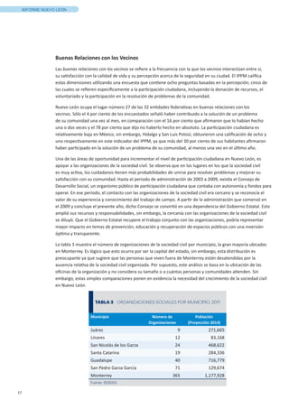 17
INFORME NUEVO LEÓN
Buenas Relaciones con los Vecinos
Las buenas relaciones con los vecinos se refiere a la frecuencia con la que los vecinos interactúan entre sí,
su satisfacción con la calidad de vida y su percepción acerca de la seguridad en su ciudad. El IPPM califica
estas dimensiones utilizando una encuesta que contiene ocho preguntas basadas en la percepción; cinco de
las cuales se refieren específicamente a la participación ciudadana, incluyendo la donación de recursos, el
voluntariado y la participación en la resolución de problemas de la comunidad.
Nuevo León ocupa el lugar número 27 de las 32 entidades federativas en buenas relaciones con los
vecinos. Sólo el 4 por ciento de los encuestados señaló haber contribuido a la solución de un problema
de su comunidad una vez al mes, en comparación con el 16 por ciento que afirmaron que lo habían hecho
una o dos veces y el 78 por ciento que dijo no haberlo hecho en absoluto. La participación ciudadana es
relativamente baja en México, sin embargo, Hidalgo y San Luis Potosí, obtuvieron una calificación de ocho y
uno respectivamente en este indicador del IPPM, ya que más del 30 por ciento de sus habitantes afirmaron
haber participado en la solución de un problema de su comunidad, al menos una vez en el último año.
Una de las áreas de oportunidad para incrementar el nivel de participación ciudadana en Nuevo León, es
apoyar a las organizaciones de la sociedad civil. Se observa que en los lugares en los que la sociedad civil
es muy activa, los cuidadanos tienen más probabilidades de unirse para resolver problemas y mejorar su
satisfacción con su comunidad. Hasta el periodo de administración de 2003 a 2009, existía el Consejo de
Desarrollo Social, un organismo público de participación ciudadana que contaba con autonomía y fondos para
operar. En ese periodo, el contacto con las organizaciones de la sociedad civil era cercano y se reconocía el
valor de su experiencia y conocimiento del trabajo de campo. A partir de la administración que comenzó en
el 2009 y concluye el presente año, dicho Consejo se convirtió en una dependencia del Gobierno Estatal. Esto
amplió sus recursos y responsabilidades, sin embargo, la cercanía con las organizaciones de la sociedad civil
se diluyó. Que el Gobierno Estatal recupere el trabajo conjunto con las organizaciones, podría representar
mayor impacto en temas de prevención, educación y recuperación de espacios públicos con una inversión
óptima y transparente.
La tabla 3 muestra el número de organizaciones de la sociedad civil por municipio, la gran mayoría ubicadas
en Monterrey. Es lógico que esto ocurra por ser la capital del estado, sin embargo, esta distribución es
preocupante ya que sugiere que las personas que viven fuera de Monterrey están desatendidas por la
ausencia relativa de la sociedad civil organizada. Por supuesto, este análisis se basa en la ubicación de las
oficinas de la organización y no considera su tamaño o a cuántas personas y comunidades atienden. Sin
embargo, estas simples comparaciones ponen en evidencia la necesidad del crecimiento de la sociedad civil
en Nuevo León.
TABLA 3 ORGANIZACIONES SOCIALES POR MUNICIPIO, 2011
Municipio Número de
Organizaciones
Población
(Proyección 2014)
Juárez 9 271,665
Linares 12 83,168
San Nicolás de los Garza 24 468,622
Santa Catarina 19 284,336
Guadalupe 40 716,779
San Pedro Garza García 71 129,674
Monterrey 365 1,177,928
Fuente: SEDESOL
 