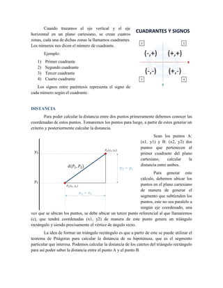 Cuando trazamos el eje vertical y el eje
horizontal en un plano cartesiano, se crean cuatros
zonas, cada una de dichas zonas la llamamos cuadrantes.
Los números nos dicen el número de cuadrante.
Ejemplo:
1) Primer cuadrante
2) Segundo cuadrante
3) Tercer cuadrante
4) Cuarto cuadrante
Los signos entre paréntesis representa el signo de
cada número según el cuadrante.
DISTANCIA
Para poder calcular la distancia entre dos puntos primeramente debemos conocer las
coordenadas de estos puntos. Tomaremos los puntos para luego, a partir de estos generar un
criterio y posteriormente calcular la distancia.
Sean los puntos A:
(x1, y1) y B: (x2, y2) dos
puntos que pertenecen al
primer cuadrante del plano
cartesiano, calcular la
distancia entre ambos.
Para generar este
cálculo, debemos ubicar los
puntos en el plano cartesiano
de manera de generar el
segmento que subtienden los
puntos, este no sea paralelo a
ningún eje coordenado, una
vez que se ubican los puntos, se debe ubicar un tercer punto referencial al que llamaremos
(c), que tendrá coordenadas (x1, y2) de manera de este punto genere un triángulo
rectángulo y siendo precisamente el vértice de ángulo recto.
La idea de formar un triángulo rectángulo es que a partir de este se puede utilizar el
teorema de Pitágoras para calcular la distancia de su hipotenusa, que es el segmento
particular que interesa. Podemos calcular la distancia de los catetos del triángulo rectángulo
para así poder saber la distancia entre el punto A y el punto B.
 