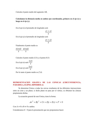 Calcular el punto medio del segmento AB.
Calculamos la distancia media en ambos ejes coordenadas, primero en el eje (x) y
luego en el eje (y).
En el eje (x) el promedio de longitudes será
𝑥1 + 𝑥2
2
En el eje (y) el promedio de longitudes será
𝑦1 + 𝑦2
2
Finalmente el punto medio es
𝑥1+𝑥2
2
,
𝑦1+𝑦2
2
Calcular el punto medio (5,5) y el punto (9,3)
En el eje (x) será
5+9
2
En el eje (y) será
5+3
2
Por lo tanto el punto medio es (7,4)
REPRESENTACION GRAFICA DE LAS CONICAS (CIRCUNFERENCIA,
PARABOLA, ELIPSE, HIPERBOLA)
Se denomina Cónica a todas las curvas resultantes de las diferentes intersecciones
entre un cono y un plano; si dicho plano no pasa por el vértice, se obtienen las cónicas
propiamente dichas.
La ecuación general de una Cónica, tiene la forma:
Con A ≠ 0 o B ≠ 0 o ambos.
Consideramos E = 0 para la presentación que nos proponemos hacer.
 
