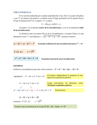 CIRCUNFERENCIA
Es la sección producida por un plano perpendicular al eje. Sea C un punto del plano
y sea “r” un número real positivo, se define como el lugar geométrico de los puntos P(x,y)
tal que la distancia de P a C es igual a “r”, es decir:
C = {P(x,y) / d (P,C) = r}
Al punto C se le domina centro de la circunferencia y a (r) se le denomina radio
de la circunferencia.
La distancia entre los puntos P(x,y) de la circunferencia y el punto C(h,k), la cual
denotamos como “r” está dada por r = √(𝑥 − ℎ)2 + (𝑦 − 𝑘)2 , entonces tenemos:
(𝒙 − 𝒉)𝟐
+ (𝒚 − 𝒌)𝟐
= 𝒓𝟐
Ecuación ordinaria de una circunferencia para 𝒓𝟐
> 𝟎
C ( h , k ) r = √𝒓𝟐
Ecuación General de una Circunferencia
EJEMPLO
Graficar la circunferencia que tiene como ecuación: 𝒙𝟐
+ 𝒚𝟐
− 𝟒𝒙 + 𝟔𝒚 − 𝟏𝟐 = 𝟎
Agrupamos: 𝑥2
− 4𝑥 + 𝑦2
+ 6𝑦 = 12
𝑥2
− 4𝑥 + 𝑦2
+ 6𝑦 = 12
𝒙𝟐
− 𝟒𝒙 + 𝟐𝟐
+ 𝒚𝟐
+ 𝟔𝒚 + 𝟑𝟐
= 12 + 22
+ 32
(𝒙 − 𝟐) + (𝒚 + 𝟑) = 𝟐𝟓
Entonces: C ( h , k ) r = √𝑟2
𝒙𝟐
+ 𝒚𝟐
+ 𝑫𝒙 + 𝑬𝒚 + 𝑭 = 𝟎
El termino independiente lo pasamos al otro
lado de la ecuación en positivo
Luego convertimos los Binomios como
Trinomios cuadrados perfectos
Factorizamos
Tenemos una Circunferencia de Centro C (2 , -3) y Radio r = 5
 