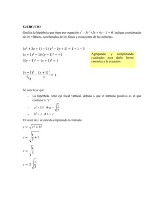 EJERCICIO
Grafica la hipérbola que tiene por ecuación x2
– 3y2
+2x + 6y – 1 = 0. Indique coordenadas
de los vértices, coordenadas de los focos y ecuaciones de las asíntotas.
(𝑥2
+ 2𝑥 + 1) − 3 (𝑦2
− 2𝑦 + 1) = 1 + 1 − 3
(𝑥 + 1)2
− 16 (𝑦 − 1)2
= −1
3(𝑦 − 1)2
− (𝑥 + 1)2
= 1
(𝑦 − 1)2
1
3
⁄
−
(𝑥 + 1)2
1
= 1
Se concluye que:
- La hipérbola tiene eje focal vertical, debido a que el termino positivo es el que
contiene a “y”
- a2
=1/3  a = √
1
3
- b2
= 1  b = 1
El valor de c se calcula empleando la formula
𝑐 = √𝑎2 + 𝑏2
𝑐 = √
1
3
+ 1
𝑐 = √
4
3
𝑐 = 2 √
1
3
Agrupando y completando
cuadrados para darle forma
canoníca a la ecuación
 
