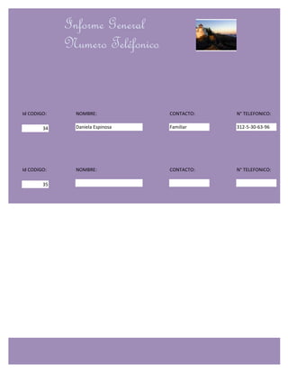 Informe General
             Numero Teléfonico


Id CODIGO:     NOMBRE:            CONTACTO:   N° TELEFONICO:

        34     Daniela Espinosa   Familiar    312-5-30-63-96




Id CODIGO:     NOMBRE:            CONTACTO:   N° TELEFONICO:

        35
 