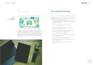 10 11
Construir conocimientos, habilidades y actitudes con la mediación de las
tecnologías de la información y la comunicación comporta claras ventajas
para los estudiantes. Entre estas ventajas destacan:
• Mantener la actualización en relación a las tecnologías de la información
y la comunicación emergentes y más utilizadas, es decir el vínculo con la
era de la información global.
• Disponer de una oferta educativa a lo largo de toda la vida.
• El incremento en la oferta educativa.
• Tener al alcance un instrumento para gestionar adecuadamente el
tiempo dedicado a la mejora profesional.
• Alcanzar retos vacacionales y de formación debido a las opciones de
ajustar el ritmo de aprendizaje que ofrece el e-learning.
• Invertir adecuadamente en la propia formación.
• Tener acceso a recursos de aprendizaje en formatos distintos y facilitando
los estilos de aprendizaje diversos.
• La ampliación de las redes profesionales y de contacto.
• El acceso a recursos, como comunidades o bibliotecas en línea tras la
finalización de los estudios.
• El aprovechamiento de las nuevas tecnologías en beneficio del
aprendizaje.
Las 10 ventajas del e-learning
Figura 8.
La flexibilidad en el
e-learning .
El e-learning hoy
Fuente: http://www.kineo.com/zh/blog/why-elearning-trumps-face-to-face-training
El informe 2017 Online Education (2017) destaca en relación a los motivos para
cursar estudios en la modalidad de e-learning, el 72% de los estudiantes en
línea informan objetivos de empleo y empleo como una razón para
inscribirse, incluida la transición a un nuevo campo profesional (36%) y la
obtención de credenciales académicas en un campo de trabajo actual (32%).
También dicho informe destaca que el coste es la primera preocupación de los
estudiantes influyendo las estimaciones de costos y la búsqueda de fuentes
de financiación.
Informe e-learning
2018
Foto 2
La mayoría de estudiantes se
inscribe al e-learning por motivos
profesionales
 