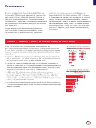 3
Panorama general
El Informe de los Objetivos de Desarrollo Sostenible 2017 hace una
revisión de los 17 Objetivos en el segundo año de implementación
de la Agenda 2030 para el Desarrollo Sostenible. El informe se
basa en los últimos datos disponibles. Destaca tanto los logros
como los desafíos a medida que la comunidad internacional avanza
hacia la plena realización de las ambiciones y principios expuestos
en la Agenda 2030.
Aunque se ha logrado un considerable progreso en el curso
de la última década en todas las áreas de desarrollo, el ritmo
del progreso que se ha observado en los años anteriores es
Objetivo 1:  Poner fin a la pobreza en todas sus formas y en todo el mundo
Brindar a las personas en todo el mundo el apoyo que necesitan para poder salir
por sí mismos de la pobreza en todas sus manifestaciones es la esencia del desarrollo sostenible.
El primer objetivo se enfoca en poner fin a la pobreza a través de estrategias interrelacionadas que
incluyen la promoción de sistemas de protección social, empleo decente y desarrollar la resiliencia
de los pobres.
ffSe estima que 767 millones de personas vivían por debajo del umbral de la pobreza extrema en
2013, un descenso de las 1.7 mil millones de personas en 1999. Esto representa una disminución
de la tasa de pobreza extrema mundial de 28% en 1999, a 11% en 2013.
ffCasi un 10% de la población empleada en el mundo vivía con sus familias con menos de 1.90
dólares de los Estados Unidos (EE.UU.) por persona por día en 2016. La vulnerabilidad fue mucho
mayor para los trabajadores jóvenes: un 9% de los trabajadores adultos y sus familias vivían en
pobreza extrema en comparación con el 15% de los trabajadores jóvenes.
ffEn 2016, solo el 22% de los desempleados de todo el mundo recibían prestaciones
por desempleo, el 28% de las personas con discapacidades graves cobraban una pensión por
discapacidad, el 35% de los niños estaban cubiertos por una protección social, el 41% de las
mujeres que daban a luz recibían prestaciones por maternidad y el 68% de las personas en edad
superior a la de jubilación cobraban una pensión.
ffLas pérdidas económicas debido a peligros naturales están alcanzando ahora una media de 250
a 300 mil millones de dólares de los EE.UU. por año, con efectos desproporcionados sobre países
pequeños y vulnerables.
La proporción de población vulnerable
cubierta por sistemas de protección social
es todavía baja
El número de personas que vivían en la
pobreza extrema cayó significativamente
1999
1.7 mil millones 767 millones
2013
68%
41%
28%
22%
35%
insuficiente para cumplir plenamente con los Objetivos de
Desarrollo Sostenible (ODS) y las metas para 2030. Por lo tanto,
el tiempo es esencial. Más aun, como se muestra en las siguientes
páginas, el progreso no siempre ha sido equitativo. Los avances
han sido desiguales a través de las regiones, entre los sexos y entre
personas de diferentes edades, riqueza y localidades, incluyendo
los habitantes urbanos y rurales. Para cumplir con la audaz visión
articulada en la Agenda 2030, el progreso debe ser más rápido y
más inclusivo.
 