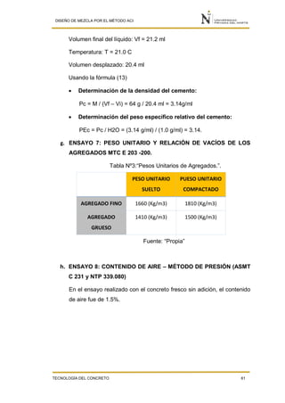 DISEÑO DE MEZCLA POR EL MÉTODO ACI
TECNOLOGÍA DEL CONCRETO 61
Volumen final del líquido: Vf = 21.2 ml
Temperatura: T = 21.0 C
Volumen desplazado: 20.4 ml
Usando la fórmula (13)
 Determinación de la densidad del cemento:
Pc = M / (Vf – Vi) = 64 g / 20.4 ml = 3.14g/ml
 Determinación del peso específico relativo del cemento:
PEc = Pc / H2O = (3.14 g/ml) / (1.0 g/ml) = 3.14.
g. ENSAYO 7: PESO UNITARIO Y RELACIÓN DE VACÍOS DE LOS
AGREGADOS MTC E 203 -200.
Tabla Nº3:“Pesos Unitarios de Agregados.”.
PESO UNITARIO
SUELTO
PUESO UNITARIO
COMPACTADO
AGREGADO FINO 1660 (Kg/m3) 1810 (Kg/m3)
AGREGADO
GRUESO
1410 (Kg/m3) 1500 (Kg/m3)
Fuente: “Propia”
h. ENSAYO 8: CONTENIDO DE AIRE – MÉTODO DE PRESIÓN (ASMT
C 231 y NTP 339.080)
En el ensayo realizado con el concreto fresco sin adición, el contenido
de aire fue de 1.5%.
 