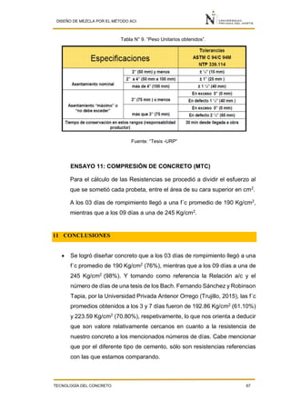 DISEÑO DE MEZCLA POR EL MÉTODO ACI
TECNOLOGÍA DEL CONCRETO 67
Tabla N° 9. “Peso Unitarios obtenidos”.
Fuente: “Tesis -URP”
ENSAYO 11: COMPRESIÓN DE CONCRETO (MTC)
Para el cálculo de las Resistencias se procedió a dividir el esfuerzo al
que se sometió cada probeta, entre el área de su cara superior en cm2
.
A los 03 días de rompimiento llegó a una f´c promedio de 190 Kg/cm2
,
mientras que a los 09 días a una de 245 Kg/cm2
.
11 CONCLUSIONES
 Se logró diseñar concreto que a los 03 días de rompimiento llegó a una
f´c promedio de 190 Kg/cm2
(76%), mientras que a los 09 días a una de
245 Kg/cm2
(98%). Y tomando como referencia la Relación a/c y el
número de días de una tesis de los Bach. Fernando Sánchez y Robinson
Tapia, por la Universidad Privada Antenor Orrego (Trujillo, 2015), las f´c
promedios obtenidos a los 3 y 7 días fueron de 192.86 Kg/cm2
(61.10%)
y 223.59 Kg/cm2
(70.80%), respetivamente, lo que nos orienta a deducir
que son valore relativamente cercanos en cuanto a la resistencia de
nuestro concreto a los mencionados números de días. Cabe mencionar
que por el diferente tipo de cemento, sólo son resistencias referencias
con las que estamos comparando.
 