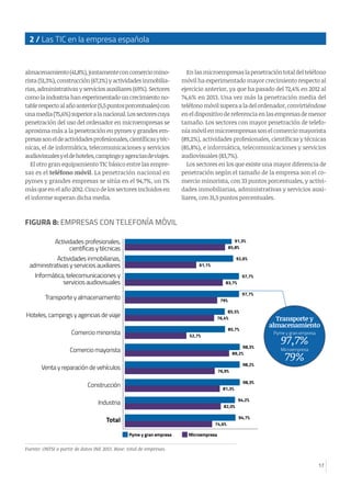 17
2 / Las TIC en la empresa española
almacenamiento(41,8%),juntamenteconcomerciomino-
rista (51,3%), construcción (67,1%)...
