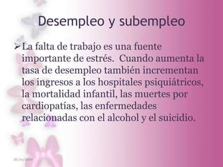 ¿Cómo se produce el estrés?Los eventos externos como generadores de estrés nonecesariamente deben ser muy notorios o intensos, sinoque pueden “acumularse” en sus efectos hasta quellegamos al límite. La manera en que interpretamos ypensamos acerca de lo que nos ocurre afecta a nuestraperspectiva y experiencia de estrés. De manera que confrecuencia es nuestra interpretación lo que genera (opotencia) una reacción negativa de estrés, más que elevento o situación a la que nos enfrentamos.21/10/2009