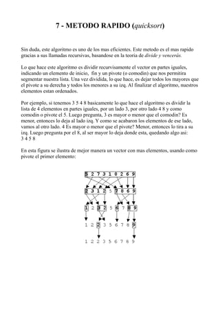 7 - METODO RAPIDO (quicksort)


Sin duda, este algoritmo es uno de los mas eficientes. Este metodo es el mas rapido
gracias a sus llamadas recursivas, basandose en la teoria de divide y vencerás.

Lo que hace este algoritmo es dividir recurvisamente el vector en partes iguales,
indicando un elemento de inicio, fin y un pivote (o comodin) que nos permitira
segmentar nuestra lista. Una vez dividida, lo que hace, es dejar todos los mayores que
el pivote a su derecha y todos los menores a su izq. Al finalizar el algoritmo, nuestros
elementos estan ordenados.

Por ejemplo, si tenemos 3 5 4 8 basicamente lo que hace el algoritmo es dividir la
lista de 4 elementos en partes iguales, por un lado 3, por otro lado 4 8 y como
comodin o pivote el 5. Luego pregunta, 3 es mayor o menor que el comodin? Es
menor, entonces lo deja al lado izq. Y como se acabaron los elementos de ese lado,
vamos al otro lado. 4 Es mayor o menor que el pivote? Menor, entonces lo tira a su
izq. Luego pregunta por el 8, al ser mayor lo deja donde esta, quedando algo asi:
3458

En esta figura se ilustra de mejor manera un vector con mas elementos, usando como
pivote el primer elemento:
 