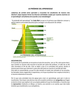 LA PIRÁMIDE DEL APRENDIZAJE
¿Sabemos de verdad cómo aprenden y recuerdan los estudiantes de manera más
efectiva? ¿Qué impacto tienen las diversas actividades usadas por nuestros alumnos en
el aprendizaje? ¿Enseñamos de acuerdo a esa metodología?
“la pirámide del aprendizaje” de Cody Blair ya que es lo primero que deberían conocer y
aplicar toda la comunidad educativa para conseguir una educación de calidad.

ESCUCHAR (5%)
En la punta de la pirámide se encuentra el acto de escuchar, con un 5%, esto quiere decir,
que cuando un alumno sólo escucha la lección por parte del profesor, al cabo de un día
sólo recordará el 5% de ello. Esto se debe a que es la actividad más pasiva, donde el
alumno poco tiene que intervenir y para ella sólo pone en marcha el sentido del oído.
Este dato es sorprendente, ya que ha sido siempre el modo más utilizado en las escuelas,
las llamadas clases magistrales o expositivas, en el que el profesor lee o explica la lección y
el alumno solamente le escucha.
Por lo que esta actividad sirve de apoyo para crear un aprendizaje, pero por sí sola es
insuficiente. Para hacer esta técnica más útil se podría combinar con preguntas que hagan
al alumno tener que explicar con sus propias palabras lo que ha entendido, o hacerles que
lo representen mediante un dibujo, un teatro, una canción o un cuento, que más tarde
tendrán que enseñárselo a sus compañeros.

 