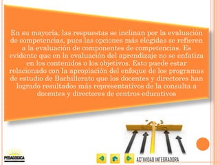 En su mayoría, las respuestas se inclinan por la evaluación
de competencias, pues las opciones más elegidas se refieren
    a la evaluación de componentes de competencias. Es
evidente que en la evaluación del aprendizaje no se enfatiza
      en los contenidos o los objetivos. Esto puede estar
relacionado con la apropiación del enfoque de los programas
de estudio de Bachillerato que los docentes y directores han
  logrado resultados más representativos de la consulta a
         docentes y directores de centros educativos




                                       ACTIVIDAD INTEGRADORA
 