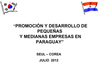“PROMOCIÓN Y DESARROLLO DE
         PEQUEÑAS
  Y MEDIANAS EMPRESAS EN
        PARAGUAY”

        SEUL – COREA
         JULIO 2012
 