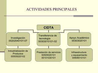 ACTIVIDADES PRINCIPALES Transferencia de tecnología 00303010101-02 CIDTA Investigación 00202040101-07 Apoyo Académico 00303020101 Industrialización de Productos 00505020102 Prestación de servicios 00505020101 00101030101 Infraestructura y equipamiento 00606010101