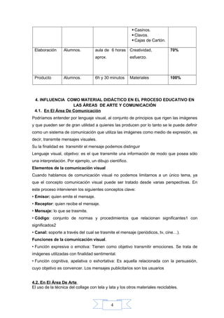 4
 Casinos.
 Clavos.
 Cajas de Cartón.
Elaboración Alumnos. aula de 6 horas
aprox.
Creatividad,
esfuerzo.
70%
Producto Alumnos. 6h y 30 minutos Materiales 100%
4. INFLUENCIA COMO MATERIAL DIDÁCTICO EN EL PROCESO EDUCATIVO EN
LAS ÁREAS DE ARTE Y COMUNICACIÓN
4.1. En El Área De Comunicación
Podríamos entender por lenguaje visual, al conjunto de principios que rigen las imágenes
y que pueden ser de gran utilidad a quienes las producen por lo tanto se le puede definir
como un sistema de comunicación que utiliza las imágenes como medio de expresión, es
decir, transmite mensajes visuales.
Su la finalidad es transmitir el mensaje podemos distinguir
Lenguaje visual, objetivo: es el que transmite una información de modo que posea sólo
una interpretación. Por ejemplo, un dibujo científico.
Elementos de la comunicación visual
Cuando hablamos de comunicación visual no podemos limitarnos a un único tema, ya
que el concepto comunicación visual puede ser tratado desde varias perspectivas. En
este proceso intervienen los siguientes conceptos clave:
• Emisor: quien emite el mensaje.
• Receptor: quien recibe el mensaje.
• Mensaje: lo que se trasmite.
• Código: conjunto de normas y procedimientos que relacionan significantes1 con
significados2
• Canal: soporte a través del cual se trasmite el mensaje (periódicos, tv, cine…).
Funciones de la comunicación visual.
• Función expresiva o emotiva: Tienen como objetivo transmitir emociones. Se trata de
imágenes utilizadas con finalidad sentimental.
• Función cognitiva, apelativa o exhortativa: Es aquella relacionada con la persuasión,
cuyo objetivo es convencer. Los mensajes publicitarios son los usuarios
4.2. En El Área De Arte
El uso de la técnica del collage con tela y lata y los otros materiales reciclables.
 