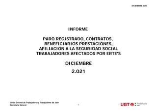 DICIEMBRE 2021
DICIEMBRE
2.021
INFORME
PARO REGISTRADO, CONTRATOS,
BENEFICIARIOS PRESTACIONES,
AFILIACIÓN A LA SEGURIDAD SOCIAL
TRABAJADORES AFECTADOS POR ERTE'S
Unión General de Trabajadoras y Trabajadores de Jaén
Secretaría General 1
 