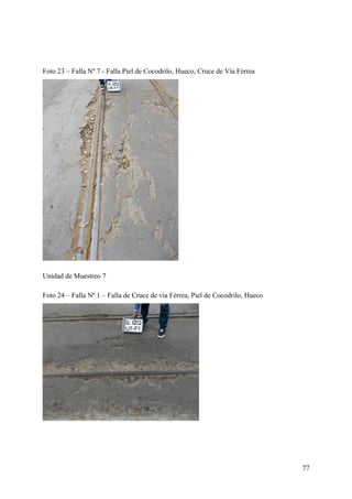 Foto 23 – Falla Nº 7 - Falla Piel de Cocodrilo, Hueco, Cruce de Vía Férrea
Unidad de Muestreo 7
Foto 24 – Falla Nº 1 – Falla de Cruce de vía Férrea, Piel de Cocodrilo, Hueco
77
 
