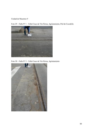 Unidad de Muestreo 9
Foto 29 – Falla Nº 1 – Falla Cruce de Vía Férrea, Agrietamiento, Piel de Cocodrilo
Foto 30 – Falla Nº 3 – Falla Cruce de Vía Férrea, Agrietamiento
80
 