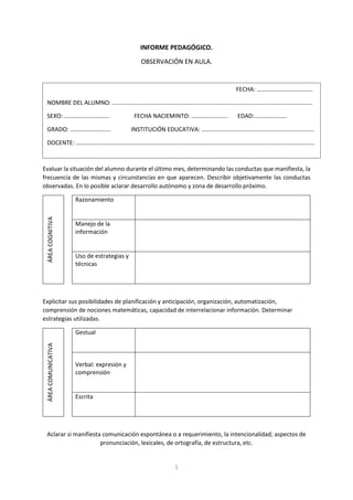 1
INFORME PEDAGÓGICO.
OBSERVACIÓN EN AULA.
Evaluar la situación del alumno durante el último mes, determinando las conductas que manifiesta, la
frecuencia de las mismas y circunstancias en que aparecen. Describir objetivamente las conductas
observadas. En lo posible aclarar desarrollo autónomo y zona de desarrollo próximo.
ÁREACOGNITIVA
Razonamiento
Manejo de la
información
Uso de estrategias y
técnicas
Explicitar sus posibilidades de planificación y anticipación, organización, automatización,
comprensión de nociones matemáticas, capacidad de interrelacionar información. Determinar
estrategias utilizadas.
ÁREACOMUNICATIVA
Gestual
Verbal: expresión y
comprensión
Escrita
Aclarar si manifiesta comunicación espontánea o a requerimiento, la intencionalidad; aspectos de
pronunciación, lexicales, de ortografía, de estructura, etc.
FECHA: ……………………………….
NOMBRE DEL ALUMNO: …………………………………………………………………………………………………………………….
SEXO: ………………………… FECHA NACIEMINTO: ……………..……. EDAD:………………….
GRADO: ……………………… INSTITUCIÓN EDUCATIVA: …………………………………………………………………
DOCENTE: ……………………………………………………………………………………………………………………………………………
 