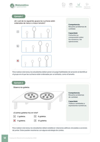 12 Evaluación Muestral de estudiantes 2022
Matemática
2.° grado de primaria Lectura Matemática Sugerencias
pedagógicas
Inicio
Competencia:
Resuelve problemas
de cantidad.
Capacidad:
Traduce cantidades a
expresiones numéricas.
Para realizar esta tarea, los estudiantes deben establecer relaciones aditivas vinculadas a acciones
de juntar. Estas pueden resolverse con alguna estrategia de conteo.
Ejemplo 2
Competencia:
Resuelve problemas de
cantidad.
Capacidad:
Comunica su
comprensión sobre
los números y las
operaciones.
Para realizar esta tarea, los estudiantes deben poner en juego habilidades de seriación al identificar
el grupo en el que las cucharas están ordenadas por un atributo, como el tamaño.
Ejemplo 1
a
b
c
 