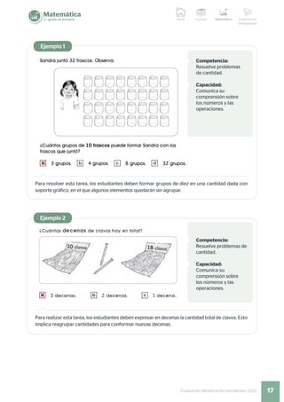 17
Evaluación Muestral de estudiantes 2022
Matemática
2.° grado de primaria Lectura Matemática Sugerencias
pedagógicas
Inicio
Competencia:
Resuelve problemas
de cantidad.
Capacidad:
Comunica su
comprensión sobre
los números y las
operaciones.
Competencia:
Resuelve problemas de
cantidad.
Capacidad:
Comunica su
comprensión sobre
los números y las
operaciones.
Para resolver esta tarea, los estudiantes deben formar grupos de diez en una cantidad dada con
soporte gráfico, en el que algunos elementos quedarán sin agrupar.
Para realizar esta tarea, los estudiantes deben expresar en decenas la cantidad total de clavos. Esto
implica reagrupar cantidades para conformar nuevas decenas.
Ejemplo 1
Ejemplo 2
 
