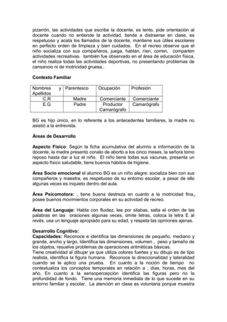 pizarrón, las actividades que escribe la docente, es lento, pide orientación al
docente cuando no entiende la actividad, tiende a distraerse en clase, es
respetuoso y acata los llamados de la docente, mantiene sus útiles escolares
en perfecto orden de limpieza y bien cuidados. En el recreo observe que el
niño socializa con sus compañeros, juega, hablan, ríen, corren, comparten
actividades recreativas. también fue observado en el área de educación física,
el niño realiza todas las actividades deportivas, no presentando problemas de
cansancio ni de motricidad gruesa..
Contexto Familiar
Nombres y
Apellidos
Parentesco Ocupación Profesión
C.R Madre Comerciante Comerciante
E.G Padre Productor
Camarógrafo
Camarógrafo
BG es hijo único, en lo referente a los antecedentes familiares, la madre no
asistió a la entrevista.
Áreas de Desarrollo
Aspecto Físico: Según la ficha acumulativa del alumno e información de la
docente, la madre presento conato de aborto a los cinco meses, la señora tomo
reposo hasta dar a luz el niño. El niño tiene todas sus vacunas, presenta un
aspecto físico saludable, tiene buenos hábitos de higiene.
Área Socio emocional el alumno BG es un niño alegre: socializa bien con sus
compañeros y maestra, es respetuoso de su entorno escolar, a pesar de ello
algunas veces es inquieto dentro del aula.
Área Psicomotora: , tiene buena destreza en cuanto a la motricidad fina,
posee buenos movimientos corporales en su actividad de recreo.
Área del Lenguaje: Habla con fluidez, lee por silabas, salta el orden de las
palabras en las oraciones algunas veces, omite letras, coloca la letra E al
revés, usa un lenguaje apropiado para su edad, y respeta las opiniones ajenas.
Desarrollo Cognitivo:
Capacidades: Reconoce e identifica las dimensiones de pequeño, mediano y
grande, ancho y largo, Identifica las dimensiones, volumen , peso y tamaño de
los objetos, resuelve problemas de operaciones aritméticas básicas.
Tiene creatividad al dibujar ya que utiliza colores fuertes y su dibujo es de tipo
realista, identifica la figura humana. Reconoce la direccionalidad y lateralidad
cuando se le aplico una prueba. En cuanto a la noción de tiempo no
contextualiza los conceptos temporales en relación a , días, horas, mes del
año. En cuanto a la sensopercepción identifica las figuras pero no la
profundidad de fondo. Tiene una memoria inmediata de lo que sucede en su
entorno familiar y escolar. La atención en clase es voluntaria porque muestra
 