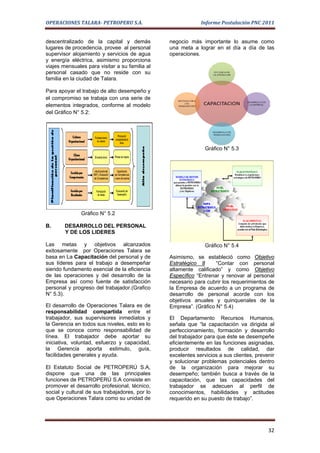 OPERACIONES TALARA- PETROPERU S.A.                           Informe Postulación PNC 2011


descentralizado de la capital y demás           negocio más importante lo asume como
lugares de procedencia, provee al personal      una meta a lograr en el día a día de las
supervisor alojamiento y servicios de agua      operaciones.
y energía eléctrica, asimismo proporciona
viajes mensuales para visitar a su familia al
personal casado que no reside con su
familia en la ciudad de Talara.

Para apoyar el trabajo de alto desempeño y
el compromiso se trabaja con una serie de
elementos integrados, conforme al modelo
del Gráfico N° 5.2:




                                                               Gráfico N° 5.3




               Gráfico N° 5.2

B.      DESARROLLO DEL PERSONAL
        Y DE LOS LIDERES

Las metas y objetivos alcanzados                               Gráfico N° 5.4
exitosamente por Operaciones Talara se
basa en La Capacitación del personal y de       Asimismo, se estableció como Objetivo
sus líderes para el trabajo a desempeñar        Estratégico 8      “Contar con personal
siendo fundamento esencial de la eficiencia     altamente calificado” y como Objetivo
de las operaciones y del desarrollo de la       Específico “Entrenar y renovar al personal
Empresa así como fuente de satisfacción         necesario para cubrir los requerimientos de
personal y progreso del trabajador.(Grafico     la Empresa de acuerdo a un programa de
N° 5.3).                                        desarrollo de personal acorde con los
                                                objetivos anuales y quinquenales de la
El desarrollo de Operaciones Talara es de       Empresa”. (Gráfico N° 5.4)
responsabilidad compartida entre el
trabajador, sus supervisores inmediatos y       El Departamento Recursos Humanos,
la Gerencia en todos sus niveles, esto es lo    señala que “la capacitación va dirigida al
que se conoce como responsabilidad de           perfeccionamiento, formación y desarrollo
línea. El trabajador debe aportar su            del trabajador para que éste se desempeñe
iniciativa, voluntad, esfuerzo y capacidad,     eficientemente en las funciones asignadas,
la Gerencia aporta estimulo, guía,              producir resultados de calidad, dar
facilidades generales y ayuda.                  excelentes servicios a sus clientes, prevenir
                                                y solucionar problemas potenciales dentro
El Estatuto Social de PETROPERÚ S.A,            de la organización para mejorar su
dispone que una de las principales              desempeño; también busca a través de la
funciones de PETROPERÚ S.A consiste en          capacitación, que las capacidades del
promover el desarrollo profesional, técnico,    trabajador se adecuen al perfil de
social y cultural de sus trabajadores, por lo   conocimientos, habilidades y actitudes
que Operaciones Talara como su unidad de        requerido en su puesto de trabajo”.




                                                                                          32
 