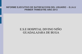 INFORME EJECUTIVO DE SATISFACCION DEL USUARIO - S.I.A.U
PRIMER TRIMESTRE AÑO 2013
E.S.E HOSPITAL DIVINO NIÑOE.S.E HOSPITAL DIVINO NIÑO
GUADALAJARA DE BUGAGUADALAJARA DE BUGA
 