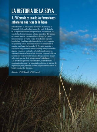 LAHISTORIADELASOYA
1.ElCerradoesunadelasformaciones
sabanerasmásricasdelaTierra
Situado entre la Amazonía, el Bosque Atlántico y el
Pantanal, el Cerrado abarca más del 20% de Brasil y
es la región de sabana más grande de Suramérica. Es
una de las formaciones de sabana más ricas del mundo
en cuanto a seres vivos se refiere: alberga el 5% de
las especies de la Tierra y una de cada diez especies
brasileñas. En el Cerrado hay más de 10.000 especies
de plantas y casi la mitad de ellas no se encuentra en
ningún otro lugar del mundo. El Cerrado también es
una de las regiones más amenazadas y sobreexplotadas.
Alguna vez, estos pastizales arbolados cubrieron un
área equivalente a la mitad de Europa. Hoy sus hábitats
naturales y su rica biodiversidad desaparecen a mayor
velocidad que los de la selva tropical colindante.
Las prácticas agrícolas insostenibles, sobre todo la
producción de soya y la ganadería, así como la quema de
vegetación para producir carbón, siguen amenazando la
biodiversidad del Cerrado.
(Fuente: WWF-Brasil; WWF, 2014)
 