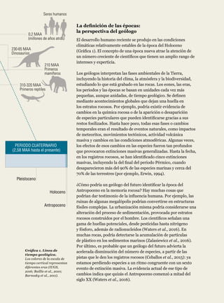Capítulo 1: Estado del planeta natural. Página 11
La definición de las épocas:
la perspectiva del geólogo
El desarrollo humano reciente se produjo en las condiciones
climáticas relativamente estables de la época del Holoceno
(Gráfica 1). El concepto de una época nueva atrae la atención de
un número creciente de científicos que tienen un amplio rango de
intereses y experticia.
Los geólogos interpretan las fases ambientales de la Tierra,
incluyendo la historia del clima, la atmósfera y la biodiversidad,
estudiando lo que está grabado en las rocas. Los eones, las eras,
los periodos y las épocas se basan en unidades cada vez más
pequeñas, aunque anidadas, de tiempo geológico. Se definen
mediante acontecimientos globales que dejan una huella en
los estratos rocosos. Por ejemplo, podría existir evidencia de
cambios en la química rocosa o de la aparición o desaparición
de especies particulares que pueden identificarse gracias a sus
restos fosilizados. Hasta hace poco, todas esas fases o cambios
temporales eran el resultado de eventos naturales, como impactos
de meteoritos, movimientos tectónicos, actividad volcánica
masiva y cambios en las condiciones atmosféricas. Algunas veces,
los efectos de esos cambios en las especies fueron tan profundos
que provocaron extinciones masivas generalizadas. Hasta la fecha,
en los registros rocosos, se han identificado cinco extinciones
masivas, incluyendo la del final del periodo Pérmico, cuando
desaparecieron más del 90% de las especies marinas y cerca del
70% de las terrestres (por ejemplo, Erwin, 1994).
¿Cómo podría un geólogo del futuro identificar la época del
Antropoceno en la memoria rocosa? Hay muchas cosas que
podrían dar testimonio de la influencia humana. Por ejemplo, las
ruinas de algunas megalópolis podrían convertirse en estructuras
fósiles complejas. La urbanización misma podría considerarse una
alteración del proceso de sedimentación, provocada por estratos
rocosos construidos por el hombre. Los científicos señalan una
gama de huellas potenciales, desde pesticidas hasta nitrógeno
y fósforo, además de radionucleidos (Waters et al., 2016). En
muchas rocas, podría detectarse la acumulación de partículas
de plástico en los sedimentos marinos (Zalasiewicz et al., 2016).
Por último, es probable que un geólogo del futuro advierta la
acelerada disminución del número de especies, a partir de las
pistas que le den los registros rocosos (Ceballos et al., 2015): ya
estamos perdiendo especies a un ritmo congruente con un sexto
evento de extinción masiva. La evidencia actual de ese tipo de
cambios indica que quizás el Antropoceno comenzó a mitad del
siglo XX (Waters et al., 2016).
310-320 MAA
Primeros reptiles
210 MAA
Primeros
mamíferos
230-65 MAA
Dinosaurios
Seres humanos
0,2 MAA
(millones de años atrás)
Holoceno
Antropoceno
Pleistoceno
PERIODO CUATERNARIO
(2,58 MAA hasta el presente)
Gráfica 1. Línea de
tiempo geológica.
Los colores de la escala de
tiempo vertical representan
diferentes eras (IUGS,
2016; Baillie et al., 2010;
Barnosky et al., 2011).
 