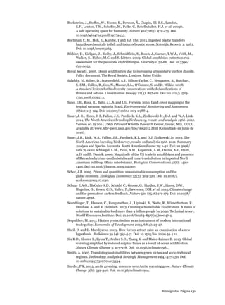Bibliografía. Página 139
Rockström, J., Steffen, W., Noone, K., Persson, Å., Chapin, III, F.S., Lambin,
E.F., Lenton, T.M., Scheffer, M., Folke, C., Schellnhuber, H.J. et al. 2009b.
A safe operating space for humanity. Nature 461(7263): 472-475. Doi:
10.1038/461472a;pmid:19779433.
Rochman, C. M., Hoh, E., Kurobe, T and S.J. The. 2013. Ingested plastic transfers
hazardous chemicals to fish and induces hepatic stress. Scientific Reports 3: 3263.
Doi: 10.1038/srep03263.
Rödder, D., Kielgast, J., Bielby, J., Schmidtlein, S., Bosch, J., Garner, T.W.J., Veith, M.,
Walker, S., Fisher, M.C. and S. Lötters. 2009. Global amphibian extinction risk
assessment for the panzootic chytrid fungus. Diversity 1: 52-66. Doi: 10.3390/
d1010052.
Royal Society. 2005. Ocean acidification due to increasing atmospheric carbon dioxide.
Policy document. The Royal Society, Londres, Reino Unido.
Salafsky, N., Salzer, D., Stattersfield, A.J., Hilton-Taylor, C., Neugarten, R., Butchart,
S.H.M., Collen, B., Cox, N., Master, L.L., O’Connor, S. and D. Wilkie. 2008.
A standard lexicon for biodiversity conservation: unified classifications of
threats and actions. Conservation Biology 22(4): 897-911. Doi: 10.1111/j.1523-
1739.2008.00937.x. 
Sano, E.E., Rosa, R., Brito, J.L.S. and L.G. Ferreira. 2010. Land cover mapping of the
tropical savanna region in Brazil. Environmental Monitoring and Assessment
166(1): 113-124. Doi: 10.1007/s10661-009-0988-4. 
Sauer, J. R., Hines, J. E. Fallon, J.E., Pardieck, K.L., Ziolkowski Jr., D.J. and W.A. Link.
2014. The North American breeding bird survey, results and analysis 1966- 2012.
Version 02.19.2014 USGS Patuxent Wildlife Research Center, Laurel, MD, EE.UU.
Available at: www.mbr-pwrc.usgs.gov/bbs/bbs2012.html [Consultado en junio de
2016].
Sauer, J.R., Link, W.A., Fallon, J.E., Pardieck, K.L. and D.J. Ziolkowski Jr. 2013. The
North American breeding bird survey, results and analysis 1966-2011: Summary
Analysis and Species Accounts. North American Fauna 79: 1-32. Doi: 10.3996/
nafa.79.0001.Schloegel, L.M., Picco, A.M., Kilpatrick, A.M., Davies, A.J., Hyatt,
A.D. and P. Daszak. 2009. Magnitude of the US trade in amphibians and presence
of Batrachochytrium dendrobatidis and ranavirus infection in imported North
American bullfrogs (Rana catesbeiana). Biological Conservation 142(7): 1420-
1426. Doi: 10.1016/j.biocon.2009.02.007.
Schor, J.B. 2005. Prices and quantities: unsustainable consumption and the
global economy. Ecological Economics 55(3): 309-320. Doi: 10.1016/j.
ecolecon.2005.07.030.
Schuur E.A.G., McGuire A.D., Schädel C., Grosse, G., Harden, J.W., Hayes, D.W.,
Hugelius, G., Koven, C.D., Kuhry, P., Lawrence, D.M. et al. 2015. Climate change
and the permafrost carbon feedback. Nature 520 (7546):171-179. Doi: 10.1038/
nature14338.
Searchinger, T., Hanson, C., Ranganathan, J., Lipinski, B., Waite, R., Winterbottom, R.,
Dinshaw, A. and R. Heimlich. 2013. Creating a Sustainable Food Future. A menu of
solutions to sustainably feed more than 9 billion people by 2050. Technical report.
World Resources Institute. Doi: 10.1016/S0264-8377(03)00047-4.
Serpukhov, M. 2013. Hidden protectionism as an instrument of modern international
trade policy. Economics of Development 2013, 68(4): 23-27.
Sheil, D. and D. Murdiyarso. 2009. How forests attract rain: an examination of a new
hypothesis. BioScience 59 (4): 341-347. Doi: 10.1525/bio.2009.59.4.12.
Six K.D., Kloster S., Ilyina T., Archer S.D., Zhang K. and Maier-Reimer E. 2013. Global
warming amplified by reduced sulphur fluxes as a result of ocean acidification.
Nature Climate Change 3: 975-978. Doi: 10.1038/nclimate1981.
Smith, A. 2007. Translating sustainabilities between green niches and socio-technical
regimes. Technology Analysis  Strategic Management 19(4):427-450. Doi:
10.1080/09537320701403334.
Snyder, P.K. 2013. Arctic greening: concerns over Arctic warming grow. Nature Climate
Change 3(6): 539-540. Doi: 10.1038/nclimate1914.
 