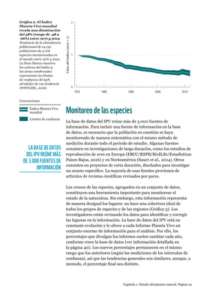 0
1
2
1970 1980 1990 2000 2010
Valordelíndice(1970=1)
Gráfica 2. El Índice
Planeta Vivo mundial
revela una disminución
del 58% (rango de -48 a
-66%) entre 1970 y 2012.
Tendencia de la abundancia
poblacional de 14.152
poblaciones de 3.706
especies monitoreadas en
el mundo entre 1970 y 2012.
La línea blanca muestra
los valores del índice y
las áreas sombreadas
representan los límites
de confianza del 95%
alrededor de esa tendencia
(WWF/ZSL, 2016).
Capítulo 1: Estado del planeta natural. Página 19
Monitoreodelasespecies
La base de datos del IPV reúne más de 3.000 fuentes de
información. Para incluir una fuente de información en la base
de datos, es necesario que la población en cuestión se haya
monitoreado de manera sistemática con el mismo método de
medición durante todo el periodo de estudio. Algunas fuentes
consisten en investigaciones de larga duración, como los estudios de
reproducción de aves en Europa (EBCC/RSPB/BirdLife/Estadísticas
Países Bajos, 2016) y en Norteamérica (Sauer et al., 2014). Otros
consisten en proyectos de corta duración, diseñados para investigar
un asunto específico. La mayoría de esas fuentes provienen de
artículos de revistas científicas revisados por pares.
Los censos de las especies, agrupados en un conjunto de datos,
constituyen una herramienta importante para monitorear el
estado de la naturaleza. Sin embargo, esta información representa
de manera desigual los lugares: no hace una cobertura ideal de
todos los grupos de especies y de las regiones (Gráfica 3). Los
investigadores están revisando los datos para identificar y corregir
las lagunas en la información. La base de datos del IPV está en
constante evolución y le ofrece a cada Informe Planeta Vivo un
conjunto enorme de información para el análisis. Por ello, los
porcentajes que divulgan los informes suelen cambiar cada año,
conforme crece la base de datos (ver información detallada en
la página 40). Los nuevos porcentajes permanecen en el mismo
rango que los anteriores (según las mediciones de los intervalos de
confianza), así que las tendencias generales son similares, aunque, a
menudo, el porcentaje final sea distinto.
Índice Planeta Vivo
mundial
Límites de confianza
Convenciones
LA BASE DE DATOS
DEL IPV REÚNE MÁS
DE 3.000 FUENTES DE
INFORMACIÓN
 