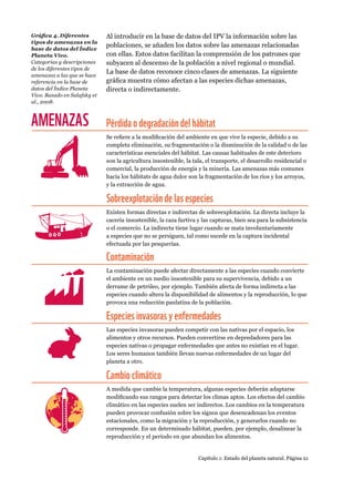 Gráfica 4. Diferentes
tipos de amenazas en la
base de datos del Índice
Planeta Vivo.
Categorías y descripciones
de los diferentes tipos de
amenazas a las que se hace
referencia en la base de
datos del Índice Planeta
Vivo. Basado en Salafsky et
al., 2008.
AMENAZAS Pérdida o degradación del hábitat
Se refiere a la modificación del ambiente en que vive la especie, debido a su
completa eliminación, su fragmentación o la disminución de la calidad o de las
características esenciales del hábitat. Las causas habituales de este deterioro
son la agricultura insostenible, la tala, el transporte, el desarrollo residencial o
comercial, la producción de energía y la minería. Las amenazas más comunes
hacia los hábitats de agua dulce son la fragmentación de los ríos y los arroyos,
y la extracción de agua.
Sobreexplotación de las especies
Existen formas directas e indirectas de sobreexplotación. La directa incluye la
cacería insostenible, la caza furtiva y las capturas, bien sea para la subsistencia
o el comercio. La indirecta tiene lugar cuando se mata involuntariamente
a especies que no se persiguen, tal como sucede en la captura incidental
efectuada por las pesquerías.
Contaminación
La contaminación puede afectar directamente a las especies cuando convierte
el ambiente en un medio insostenible para su supervivencia, debido a un
derrame de petróleo, por ejemplo. También afecta de forma indirecta a las
especies cuando altera la disponibilidad de alimentos y la reproducción, lo que
provoca una reducción paulatina de la población.
Especies invasoras y enfermedades
Las especies invasoras pueden competir con las nativas por el espacio, los
alimentos y otros recursos. Pueden convertirse en depredadores para las
especies nativas o propagar enfermedades que antes no existían en el lugar.
Los seres humanos también llevan nuevas enfermedades de un lugar del
planeta a otro.
Cambio climático
A medida que cambie la temperatura, algunas especies deberán adaptarse
modificando sus rangos para detectar los climas aptos. Los efectos del cambio
climático en las especies suelen ser indirectos. Los cambios en la temperatura
pueden provocar confusión sobre los signos que desencadenan los eventos
estacionales, como la migración y la reproducción, y generarlos cuando no
corresponde. En un determinado hábitat, pueden, por ejemplo, desalinear la
reproducción y el periodo en que abundan los alimentos.
Capítulo 1: Estado del planeta natural. Página 21
Al introducir en la base de datos del IPV la información sobre las
poblaciones, se añaden los datos sobre las amenazas relacionadas
con ellas. Estos datos facilitan la comprensión de los patrones que
subyacen al descenso de la población a nivel regional o mundial.
La base de datos reconoce cinco clases de amenazas. La siguiente
gráfica muestra cómo afectan a las especies dichas amenazas,
directa o indirectamente.
 