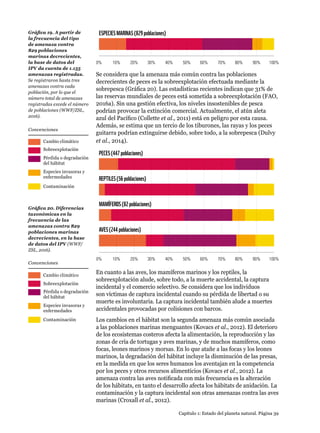 0% 10% 20% 30% 40% 50% 60% 70% 80% 90% 100%
ESPECIESMARINAS(829poblaciones)
0% 10% 20% 30% 40% 50% 60% 70% 80% 90% 100%
PECES(447poblaciones)
REPTILES(56poblaciones)
MAMÍFEROS(82poblaciones)
AVES(244poblaciones)
Gráfica 19. A partir de
la frecuencia del tipo
de amenaza contra
829 poblaciones
marinas decrecientes,
la base de datos del
IPV da cuenta de 1.155
amenazas registradas.
Se registraron hasta tres
amenazas contra cada
población, por lo que el
número total de amenazas
registradas excede el número
de poblaciones (WWF/ZSL,
2016).
Sobreexplotación
Pérdida o degradación
del hábitat
Especies invasoras y
enfermedades
Contaminación
Cambio climático
Convenciones
Gráfica 20. Diferencias
taxonómicas en la
frecuencia de las
amenazas contra 829
poblaciones marinas
decrecientes, en la base
de datos del IPV (WWF/
ZSL, 2016).
Sobreexplotación
Pérdida o degradación
del hábitat
Especies invasoras y
enfermedades
Contaminación
Cambio climático
Convenciones
Capítulo 1: Estado del planeta natural. Página 39
Se considera que la amenaza más común contra las poblaciones
decrecientes de peces es la sobreexplotación efectuada mediante la
sobrepesca (Gráfica 20). Las estadísticas recientes indican que 31% de
las reservas mundiales de peces está sometida a sobreexplotación (FAO,
2016a). Sin una gestión efectiva, los niveles insostenibles de pesca
podrían provocar la extinción comercial. Actualmente, el atún aleta
azul del Pacífico (Collette et al., 2011) está en peligro por esta causa.
Además, se estima que un tercio de los tiburones, las rayas y los peces
guitarra podrían extinguirse debido, sobre todo, a la sobrepesca (Dulvy
et al., 2014).
En cuanto a las aves, los mamíferos marinos y los reptiles, la
sobreexplotación alude, sobre todo, a la muerte accidental, la captura
incidental y el comercio selectivo. Se considera que los individuos
son víctimas de captura incidental cuando su pérdida de libertad o su
muerte es involuntaria. La captura incidental también alude a muertes
accidentales provocadas por colisiones con barcos.
Los cambios en el hábitat son la segunda amenaza más común asociada
a las poblaciones marinas menguantes (Kovacs et al., 2012). El deterioro
de los ecosistemas costeros afecta la alimentación, la reproducción y las
zonas de cría de tortugas y aves marinas, y de muchos mamíferos, como
focas, leones marinos y morsas. En lo que atañe a las focas y los leones
marinos, la degradación del hábitat incluye la disminución de las presas,
en la medida en que los seres humanos los aventajan en la competencia
por los peces y otros recursos alimenticios (Kovacs et al., 2012). La
amenaza contra las aves notificada con más frecuencia es la alteración
de los hábitats, en tanto el desarrollo afecta los hábitats de anidación. La
contaminación y la captura incidental son otras amenazas contra las aves
marinas (Croxall et al., 2012).
 