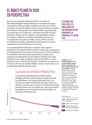 ES POSIBLE QUE,
PARA 2020, LAS
POBLACIONES DE
VERTEBRADOS HAYAN
DISMINUIDO, EN
PROMEDIO, 67% DESDE
1970
Informe Planeta Vivo 2016. Página 44
1970 1980 1990 2000 20202010
Valordelíndice(1970=1)
0
1
2
ELÍNDICEPLANETAVIVO
ENPERSPECTIVA
En 2010, los 169 países firmantes del Convenio sobre la
Diversidad Biológica (CDB) establecieron 20 ambiciosas metas
sobre biodiversidad que deben cumplirse en 2020. Con el fin de
cumplirlas, las naciones deben realizar acciones efectivas y urgentes
para detener la desaparición de la biodiversidad y garantizar que
los ecosistemas sean resilientes y continúen prestando servicios
esenciales. El logro de estos objetivos salvaguardará la riqueza
de la vida en el planeta y contribuirá al bienestar humano y a
la erradicación de la pobreza (CDB, 2014a). El IPV es uno de
los indicadores globales empleados para monitorear si se están
cumpliendo las metas (Tittensor et al., 2014).
Una multiplicidad de indicadores arroja luz sobre aspectos
particulares de la biodiversidad y permite comprender la magnitud y
el funcionamiento de las amenazas y las presiones. El IPV monitorea
las tendencias de la abundancia rastreando los cambios en el
tamaño de las poblaciones de vida silvestre. El Índice de la Lista
Roja (RLI, por su sigla en inglés) se diferencia del IPV en cuanto
monitorea cómo evoluciona el riesgo de extinción de las especies en
el mundo. Otro tipo de medida establece cuántas especies hay en un
área local determinada (riqueza local).
LaproyeccióndelÍndicePlanetaVivo
La Perspectiva Mundial sobre la Biodiversidad
Biológica 4 (CDB, 2014a) compara el estado actual de
los indicadores y sus proyecciones hasta 2020, con
las metas de biodiversidad de las Naciones Unidas. La
Gráfica 21 muestra qué ocurrirá si las tendencias actuales
persisten hasta 2020. Es posible que, para ese momento,
las poblaciones de vertebrados hayan disminuido, en
promedio, 67% desde 1970.
Gráfica 21. El
Índice Planeta Vivo
extrapolado a 2020,
bajo el supuesto de
que la situación actual
no cambia. El Índice
Planeta Vivo (la línea
negra continua) con la
extrapolación y el modelo
ajustado a 2020 (línea
blanca, área sombreada),
bajo el supuesto de que
la situación sigue igual.
Las franjas sombreadas
exponen límites de
confianza del 95% para el
modelo ajustado. Se empleó
el método de Tittensor et
al., 2014.
Índice Planeta Vivo
mundial
Índice Planeta Vivo
mundial extrapolado
Límites de confianza
Límites de confianza
Convenciones
 