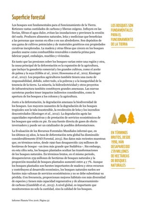 Informe Planeta Vivo 2016. Página 52
Superficieforestal
Los bosques son fundamentales para el funcionamiento de la Tierra.
Retienen vastas cantidades de carbono y liberan oxígeno. Influyen en las
lluvias, filtran el agua dulce, evitan las inundaciones y previenen la erosión
del suelo. Producen alimentos naturales, leña y medicinas que benefician
a las personas que moran en ellos o en sus alrededores. Son depósitos de
una gama de cultivos potenciales y de materiales genéticos con propiedades
curativas inexploradas. La madera y otras fibras que crecen en los bosques
pueden usarse como combustibles renovables o materia prima para
fabricar papel, embalajes, muebles y viviendas.
En tanto que las presiones sobre los bosques varían entre una región y otra,
la causa principal de la deforestación es la expansión de la agricultura,
que incluye la ganadería comercial y los grandes cultivos, como el aceite
de palma y la soya (Gibbs et al., 2010; Hosonuma et al., 2012; Kissinger
et al., 2012). Los pequeños agricultores también tienen una cuota de
responsabilidad, debido, sobre todo, a la pobreza y a la inseguridad de la
tenencia de la tierra. La minería, la hidroelectricidad y otros proyectos
de infraestructura también constituyen grandes amenazas. Las nuevas
carreteras pueden tener impactos indirectos considerables, como la
apertura de los bosques a los colonos y la agricultura.
Junto a la deforestación, la degradación amenaza la biodiversidad de
los bosques. Los mayores causantes de la degradación de los bosques
tropicales son la tala insostenible, la recolección de leña y los incendios
descontrolados (Kissinger et al., 2012). La degradación agota las
capacidades reproductivas y de prestación de servicios ecosistémicos de
los bosques que están en pie. Es una fuente directa de gases de efecto
invernadero y puede ser un catalizador de posibles deforestaciones.
La Evaluación de los Recursos Forestales Mundiales informó que, en
los últimos 25 años, la tasa de deforestación neta global ha disminuido
considerablemente (FAO Forestal, 2015). Sus datos más recientes muestran
que, en términos netos, desde 1990 han desaparecido 129 millones de
hectáreas de bosque –un área más grande que Sudáfrica–. Sin embargo,
en esta cifra neta, los bosques plantados ocultan las transformaciones
de los bosques naturales. En términos brutos, en el mismo periodo,
desaparecieron 239 millones de hectáreas de bosques naturales y la
proporción mundial de bosques plantados aumentó entre 4 y 7%. Aunque
los bosques plantados son fuentes importantes de madera y otros recursos
y contribuyen al desarrollo económico, los bosques naturales suelen ser
fuentes más valiosas de servicios ecosistémicos y no se debe subestimar su
pérdida. Con frecuencia, proporcionan mejores hábitats con más diversidad
de especies y tienen más capacidad regenerativa y de almacenamiento
de carbono (Gamfeldt et al., 2013). A nivel global, es importante que
monitoreemos no solo la cantidad, sino la calidad de los bosques.
LOS BOSQUES SON
FUNDAMENTALES
PARA EL
FUNCIONAMIENTO
DE LA TIERRA
EN TÉRMINOS
BRUTOS, DESDE
1990, HAN
DESAPARECIDO
239 MILLONES
DE HECTÁREAS
DE BOSQUES
NATURALES
 