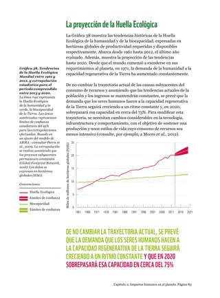 0
5
10
15
20
25
Milesdemillonesdehectáreasglobales(HAG)
1961 1966 1971 1976 1981 1986 1991 1996 2001 2006 2011 2016 2021
Capítulo 2: Impactos humanos en el planeta. Página 83
LaproyeccióndelaHuellaEcológica
La Gráfica 38 muestra las tendencias históricas de la Huella
Ecológica de la humanidad y de la biocapacidad, expresadas en
hectáreas globales de productividad requeridas y disponibles
respectivamente. Abarca desde 1961 hasta 2012, el último año
evaluado. Además, muestra la proyección de las tendencias
hasta 2020. Desde que el mundo comenzó a excederse en sus
requerimientos al planeta, en 1971, la demanda de la humanidad a la
capacidad regenerativa de la Tierra ha aumentado constantemente.
De no cambiar la trayectoria actual de las causas subyacentes del
consumo de recursos y asumiendo que las tendencias actuales de la
población y los ingresos se mantendrán constantes, se prevé que la
demanda que los seres humanos hacen a la capacidad regenerativa
de la Tierra seguirá creciendo a un ritmo constante y, en 2020,
sobrepasará esa capacidad en cerca del 75%. Para modificar esta
trayectoria, se necesitan cambios considerables en la tecnología,
infraestructura y comportamiento, con el objetivo de sostener una
producción y unos estilos de vida cuyo consumo de recursos sea
menos intensivo (consulte, por ejemplo, a Moore et al., 2012).
DE NO CAMBIAR LA TRAYECTORIA ACTUAL, SE PREVÉ
QUE LA DEMANDA QUE LOS SERES HUMANOS HACEN A
LA CAPACIDAD REGENERATIVA DE LA TIERRA SEGUIRÁ
CRECIENDO A UN RITMO CONSTANTE Y QUE EN 2020
SOBREPASARÁ ESA CAPACIDAD EN CERCA DEL 75%
Huella Ecológica
Biocapacidad
Límites de confianza
Límites de confianza
Convenciones
Gráfica 38. Tendencias
de la Huella Ecológica
Mundial entre 1961 y
2012, y extrapolación
estadística para el
periodo comprendido
entre 2013 y 2020.
La línea roja representa
la Huella Ecológica
de la humanidad y la
verde, la biocapacidad
de la Tierra. Las áreas
sombreadas representan
límites de confianza
estadísticos del 95%
para las extrapolaciones
efectuadas. Basado en
un ajuste del modelo de
ARMA –consultar Petris et
al., 2009. La extrapolación
se realiza asumiendo que
los procesos subyacentes
permanecen constantes
(Global Footprint Network,
2016). Los datos se
expresan en hectáreas
globales (HAG).
 