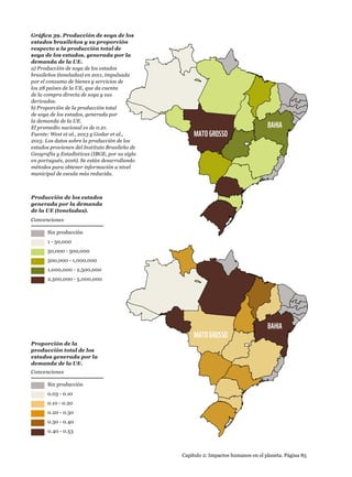 No production
1 -50,000
50,000 - 500,000
500,000 - 1,000,000
1,000,000 - 2,500,000
2,500,000 - 5,000,000
State production due to
EU demand (tonnes)
No production
0.03 - 0.10
0.10 - 0.20
0.20 - 0.30
0.30 - 0.40
0.40 - 0.53
Proportion of total
state production due to EU
demand
Capítulo 2: Impactos humanos en el planeta. Página 85
Gráfica 39. Producción de soya de los
estados brasileños y su proporción
respecto a la producción total de
soya de los estados, generada por la
demanda de la UE.
a) Producción de soya de los estados
brasileños (toneladas) en 2011, impulsada
por el consumo de bienes y servicios de
los 28 países de la UE, que da cuenta
de la compra directa de soya y sus
derivados.
b) Proporción de la producción total
de soya de los estados, generada por
la demanda de la UE.
El promedio nacional es de 0.21.
Fuente: West et al., 2013 y Godar et al.,
2015. Los datos sobre la producción de los
estados provienen del Instituto Brasileño de
Geografía y Estadísticas (IBGE, por su sigla
en portugués, 2016). Se están desarrollando
métodos para obtener información a nivel
municipal de escala más reducida.
1 - 50,000
50,000 - 500,000
500,000 - 1,000,000
1,000,000 - 2,500,000
2,500,000 - 5,000,000
Sin producción
Convenciones
Producción de los estados
generada por la demanda
de la UE (toneladas).
0.03 - 0.10
0.10 - 0.20
0.20 - 0.30
0.30 - 0.40
0.40 - 0.53
Sin producción
Convenciones
Proporción de la
producción total de los
estados generada por la
demanda de la UE.
MATO GROSSO
MATO GROSSO
BAHIA
BAHIA
 