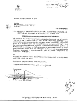 Informe Pormenorizado del Sistema de Control Interno ESE Hospital San Jerónimo de Montería.