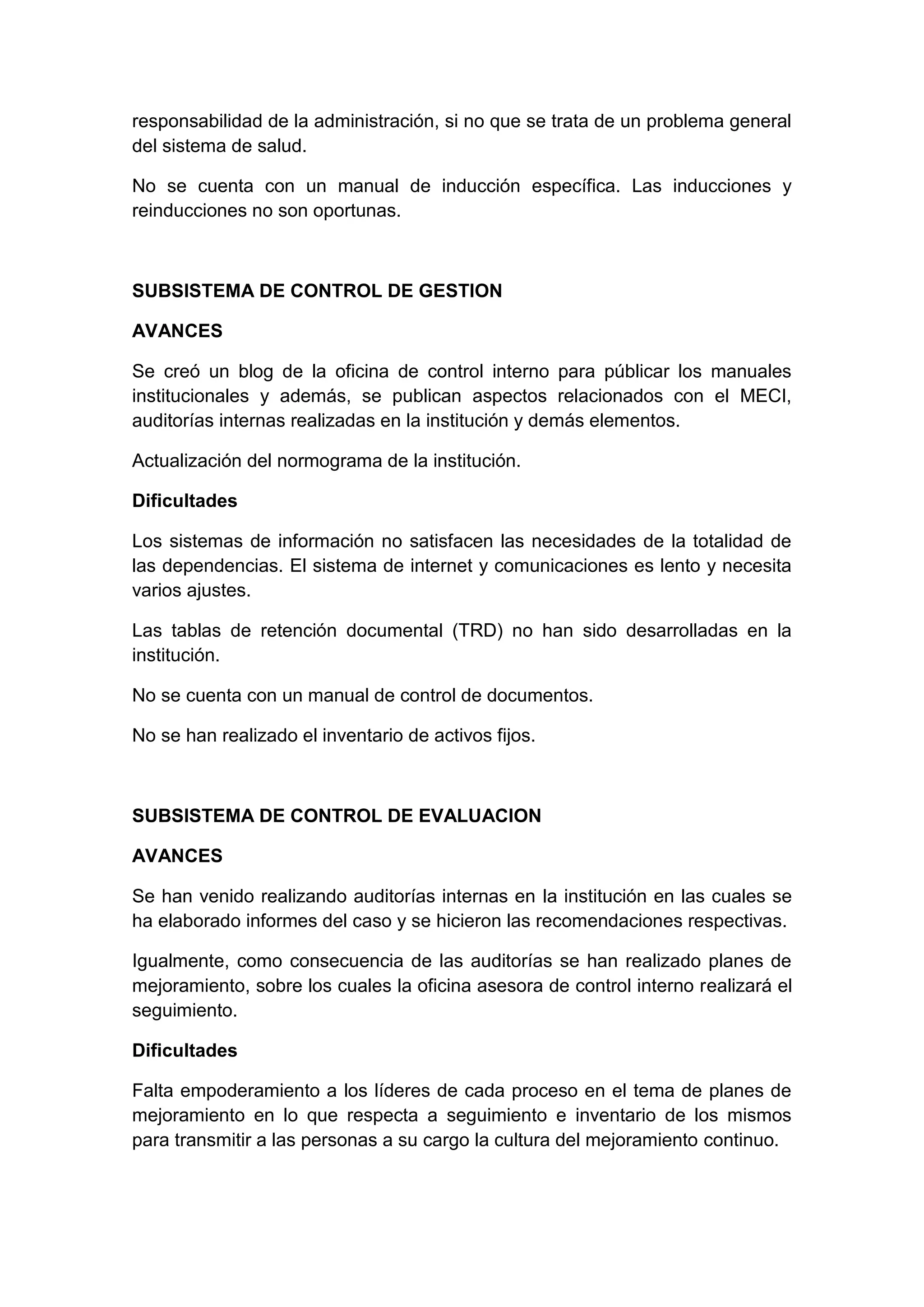 Informe pormenorizado del estado de control interno | PDF
